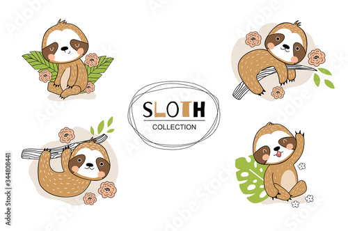 Cartoon cute sloth characters sticker collection. Hand drawn kids illustration. Jungle animals .