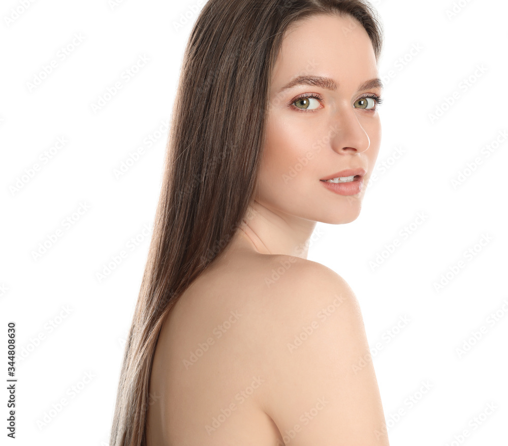 Portrait of young woman with beautiful face on white background Portrait of young woman with beautiful face on white background