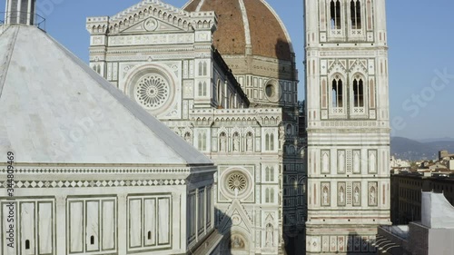 Aerial video in front of Cathedral of Saint Mary of the Flower. Aerial view of Florence Duomo. The  front of The Basilica di Santa Maria del Fiore. Duomo, Florence, Tuscany, Italy.
