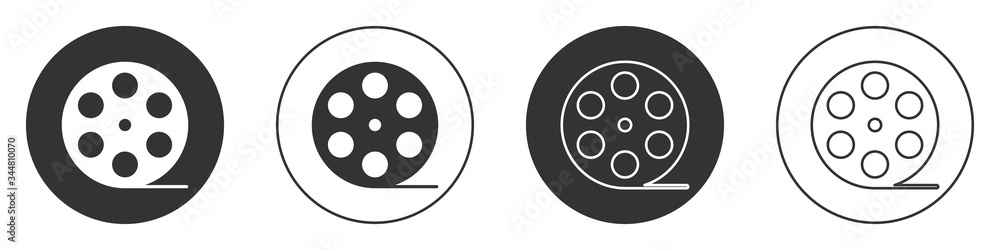 Black Film reel icon isolated on white background. Circle button. Vector Illustration