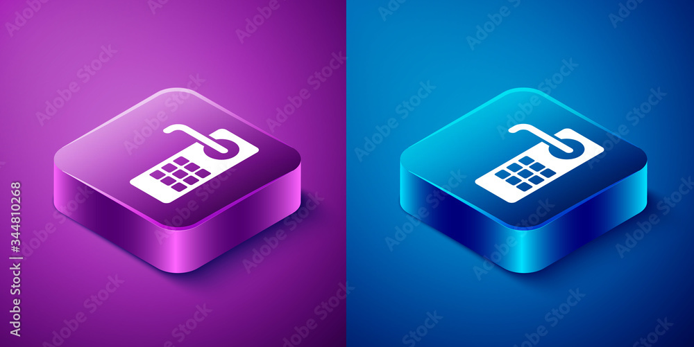 Isometric Digital door lock with wireless technology for unlock icon isolated on blue and purple background. Door handle sign. Security smart home. Square button. Vector Illustration Isometric Digital door lock with wireless technology for unlock icon isolated on blue and purple background. Door handle sign. Security smart home. Square button. Vector Illustration