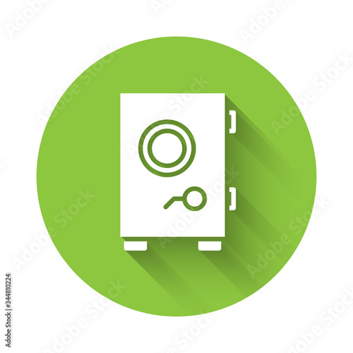 White Safe icon isolated with long shadow. The door safe a bank vault with a combination lock. Reliable Data Protection. Green circle button. Vector Illustration