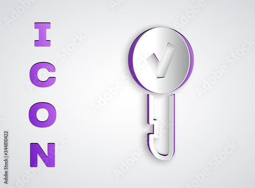 Paper cut Key icon isolated on grey background. Paper art style. Vector Illustration