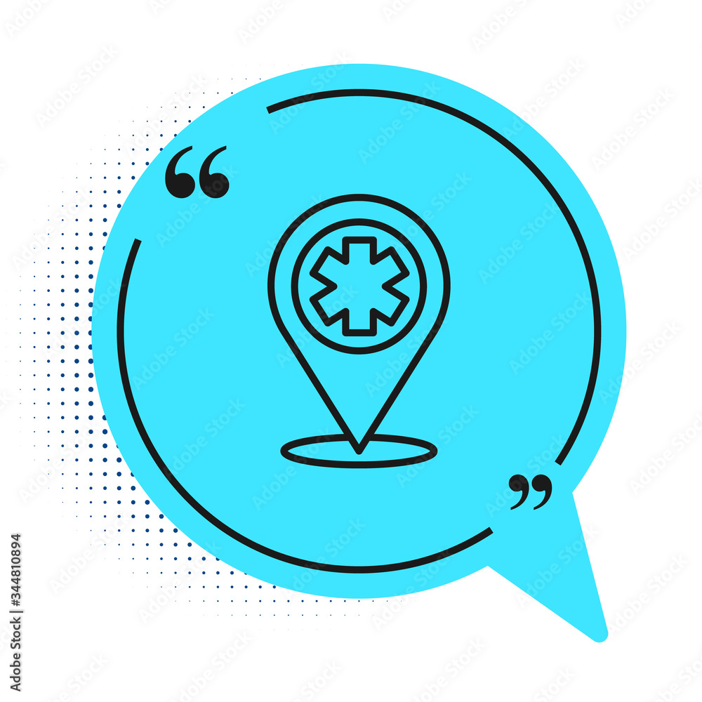 Black line Medical map pointer with cross hospital icon isolated on white background. Blue speech bubble symbol. Vector Illustration Black line Medical map pointer with cross hospital icon isolated on white background. Blue speech bubble symbol. Vector Illustration