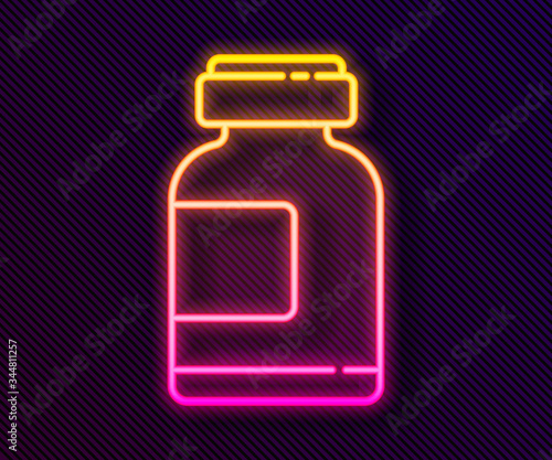 Glowing neon line Sports nutrition bodybuilding proteine power drink and food icon isolated on black background. Vector Illustration