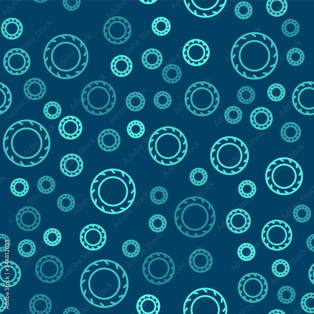 Green line Car tire wheel icon isolated seamless pattern on blue background. Vector Illustration