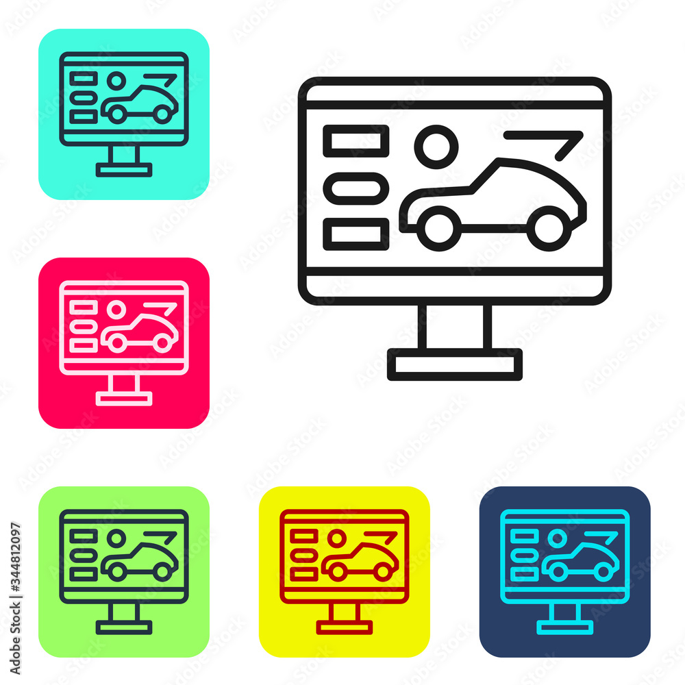 Black line Hardware diagnostics condition of car icon isolated on white background. Car service and repair parts. Set icons in color square buttons. Vector Illustration Black line Hardware diagnostics condition of car icon isolated on white background. Car service and repair parts. Set icons in color square buttons. Vector Illustration
