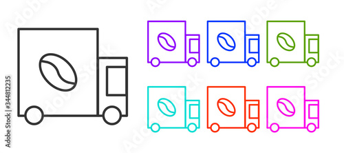 Black line Coffee street truck machine icon isolated on white background. Delivery coffee. Set icons colorful. Vector Illustration