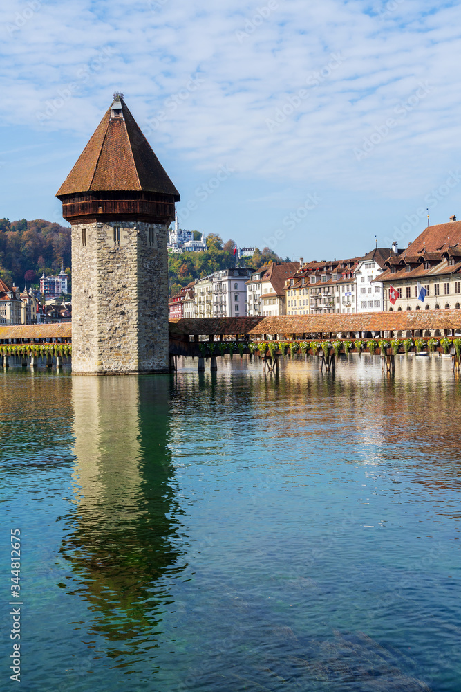 Chapel wooden bridge (XIV c.) and water tower, Lucerne, Switzerland Chapel wooden bridge (XIV c.) and water tower, Lucerne, Switzerland