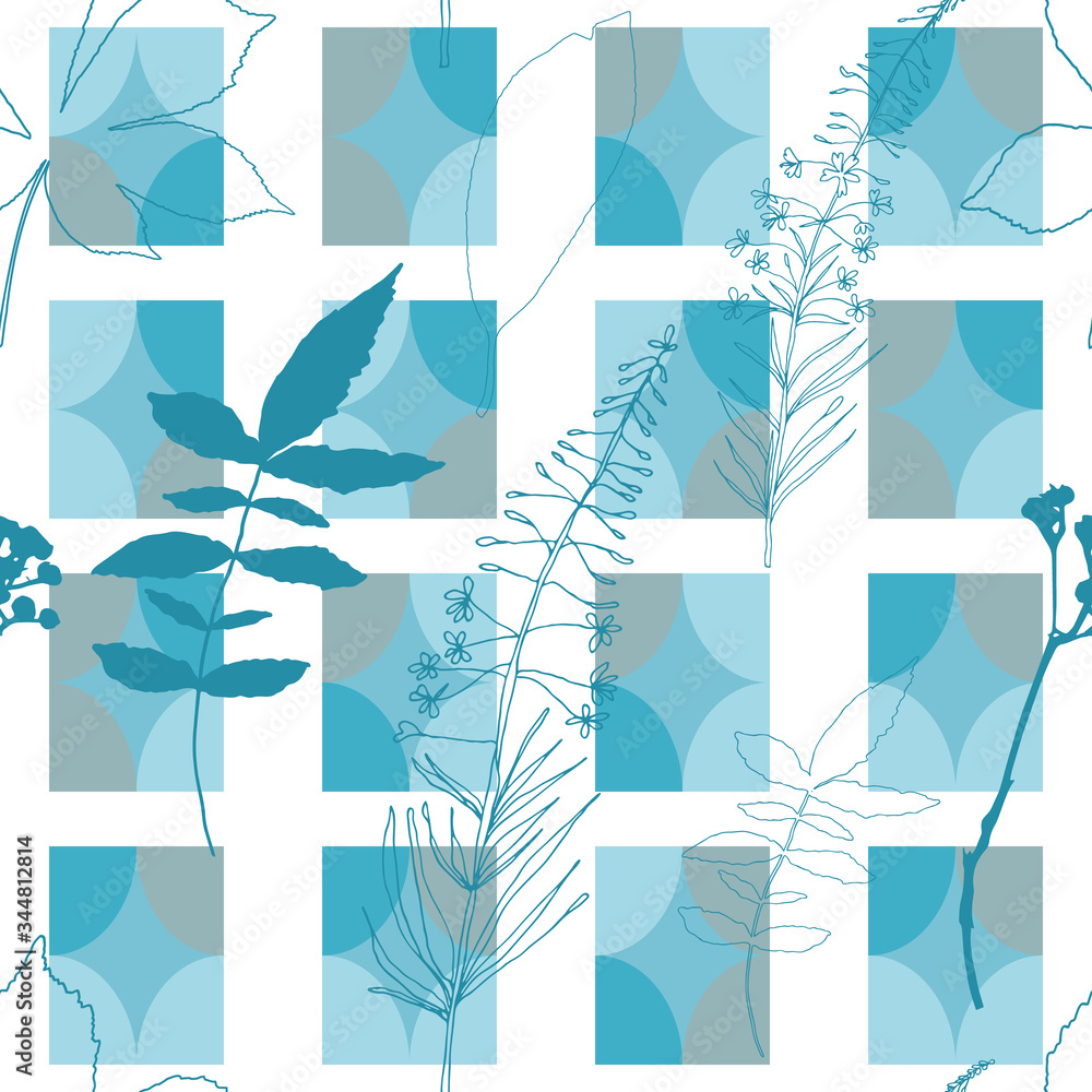 © dinadankersdesign - Wildflowers, herbs and leaves vector seamless pattern. Hand drawn florals on abstract background with geometric shapes.