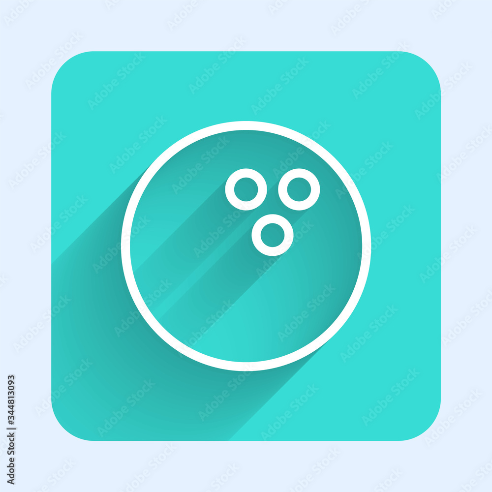 White line Bowling ball icon isolated with long shadow. Sport equipment. Green square button. Vector Illustration