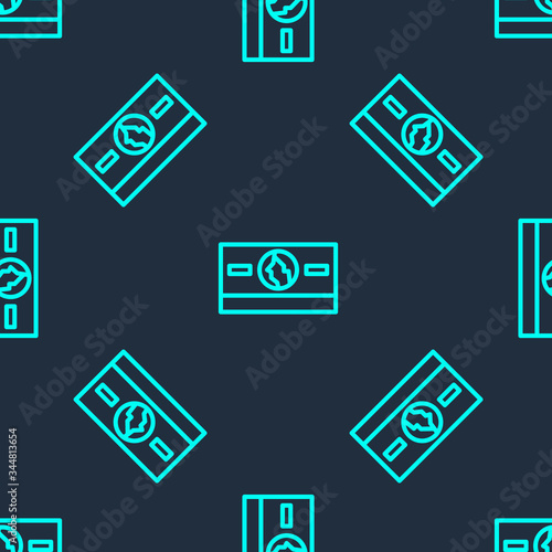 Green line Stacks paper money cash icon isolated seamless pattern on blue background. Money banknotes stacks. Bill currency. Vector Illustration © Kostiantyn