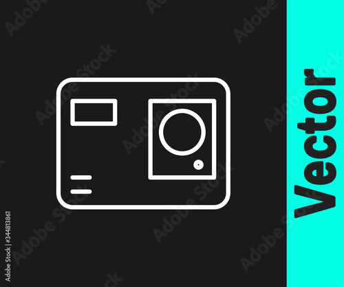White line Action extreme camera icon isolated on black background. Video camera equipment for filming extreme sports. Vector Illustration