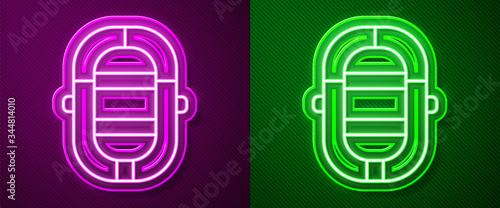 Glowing neon line Rafting boat icon isolated on purple and green background. Inflatable boat. Water sports, extreme sports, holiday, vacation. Vector Illustration