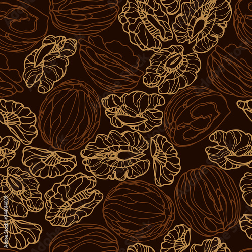 abstract seamless pattern of a set of walnut kernels, for menu design or confectionery, textiles, vector illustration with colored contour lines on a chocolate background in doodle & hand drawn style