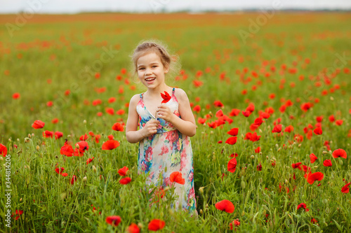 Beautiful child picking flowers in poppy field