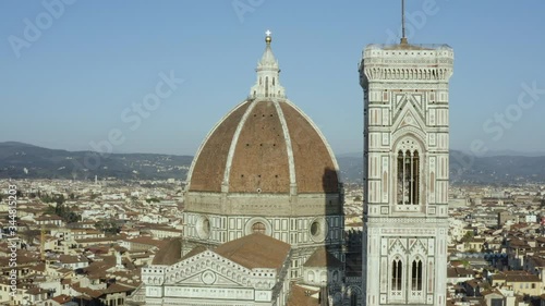 Aerial video in front of Cathedral of Saint Mary of the Flower. Aerial view of Florence Duomo. The  front of The Basilica di Santa Maria del Fiore. Duomo, Florence, Tuscany, Italy.