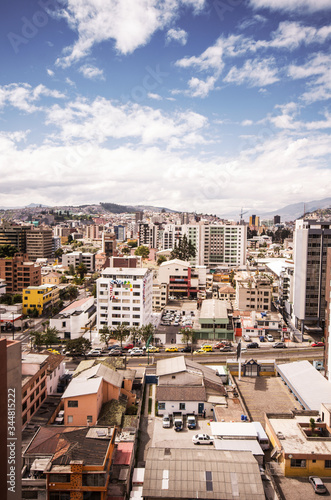 Beautiful view from modern part of Quito mixing new architecture with charming streets and green sourroundings, north part of the city of Quito