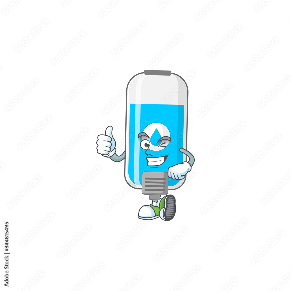 Mascot design style of wall hand sanitizer showing Thumbs up finger Mascot design style of wall hand sanitizer showing Thumbs up finger