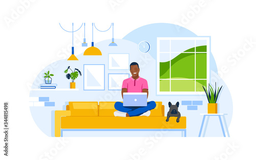 Young man sits on a sofa with a dog and work from home with a laptop.  Concept living room. Person indoor job remote work. Flat vector illustration.