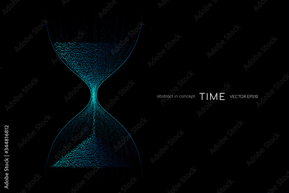 Hourglass from blue green light particles flowing isolated on black background. Vector illustration in concept time, technology, modern - obrazy, fototapety, plakaty 