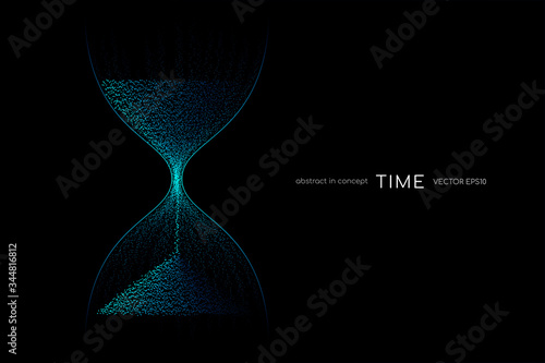 Hourglass from blue green light particles flowing isolated on black background. Vector illustration in concept time, technology, modern