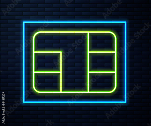 Glowing neon line Credit card with chip icon isolated on brick wall background. Contactless payment. Vector Illustration
