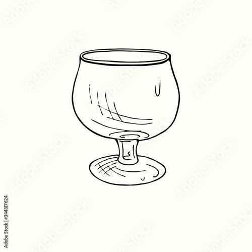 Brandy snifter glass isolated, outline simple doodle drawing, gravure style, design element