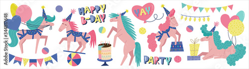 Set of birthday horses characters. Funny cartoon mares isolated on white background with party objects. Happy BDay. Handwriting lettering phrase. Equestrian sport flat hand drawn vector. 