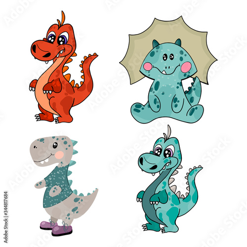 Fototapeta Naklejka Na Ścianę i Meble -  Set of cute little dinosaurs. Cartoon vector illustration.