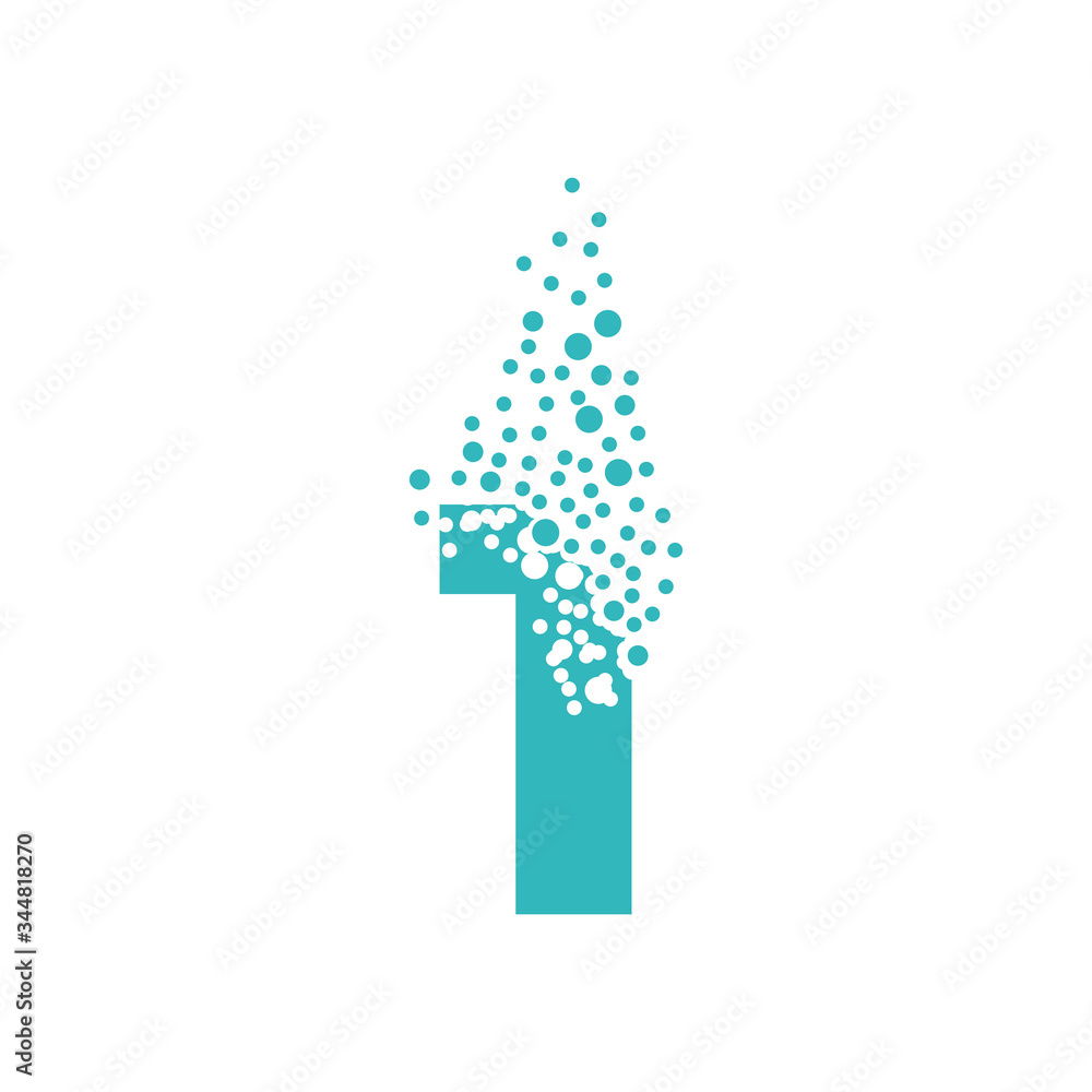 Number 1 dispersing into a cloud of bubbles. One Number 1 dispersing into a cloud of bubbles. One