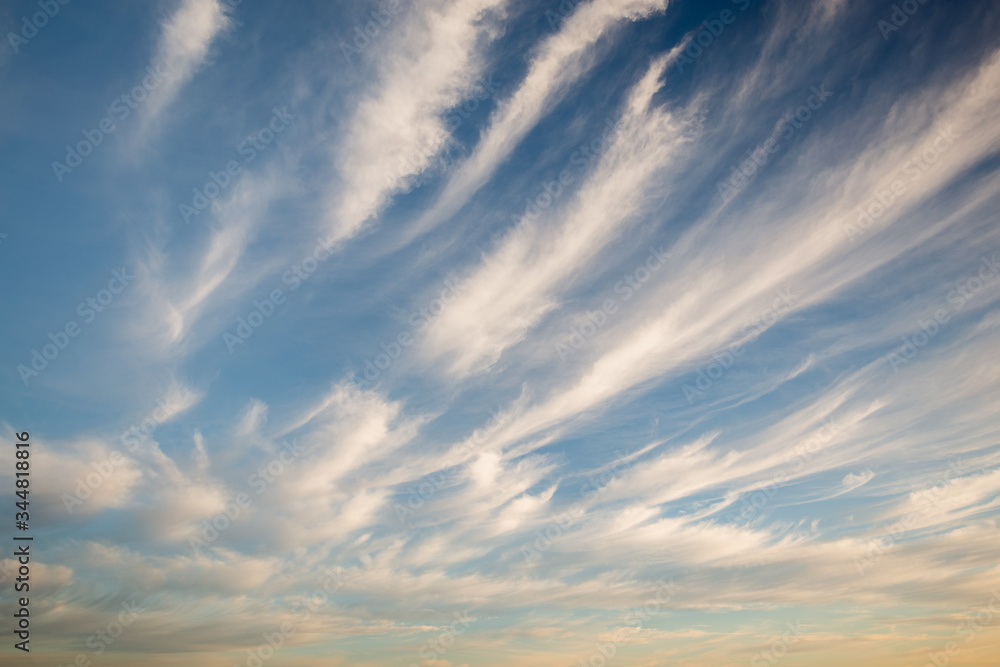 Blue sky background with cirrus clouds, clouds pattern