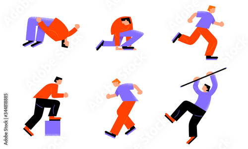 People sportsmen practicing athletics and pole vaulting vector illustration
