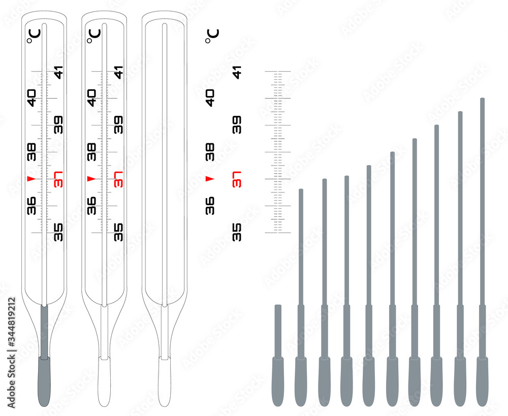 Thermometer constructor for measuring body temperature. Celsius measurement scale. Mercury thermometer. Executed as a blank to illustrate the increase or decrease in body temperature. Thermometer constructor for measuring body temperature. Celsius measurement scale. Mercury thermometer. Executed as a blank to illustrate the increase or decrease in body temperature.
