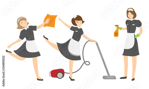 Set of women maids making housekeeping with tools vector illustration