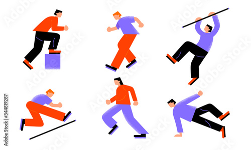 People sportsmen competing in athletics and pole vaulting vector illustration