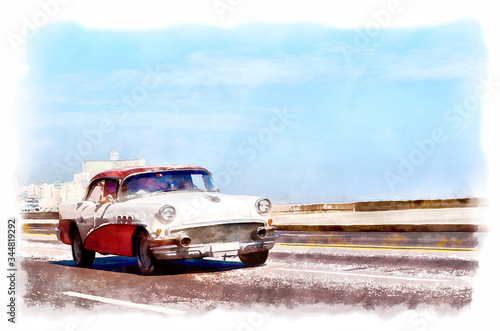 Digital watercolor of an american classic car passing by the Malecon seawall in Havana, Cuba