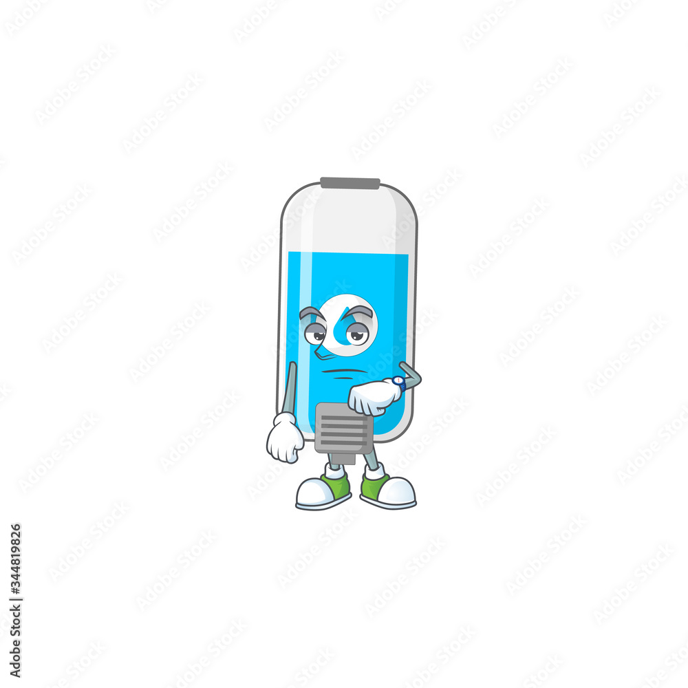 Wall hand sanitizer with waiting gesture cartoon mascot design concept Wall hand sanitizer with waiting gesture cartoon mascot design concept