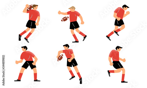 Young men in red uniform playing rugby on field vector illustration