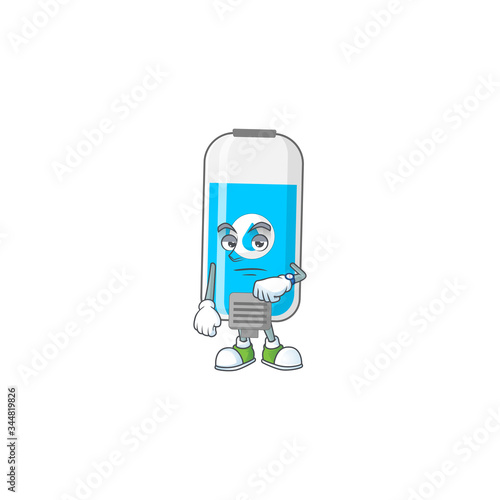 Wall hand sanitizer with waiting gesture cartoon mascot design concept
