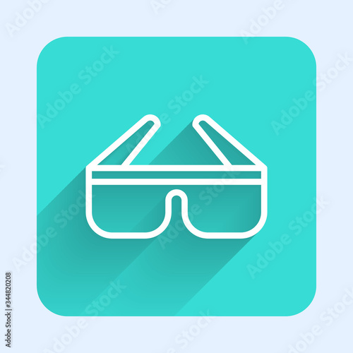 White line 3D cinema glasses icon isolated with long shadow. Green square button. Vector Illustration