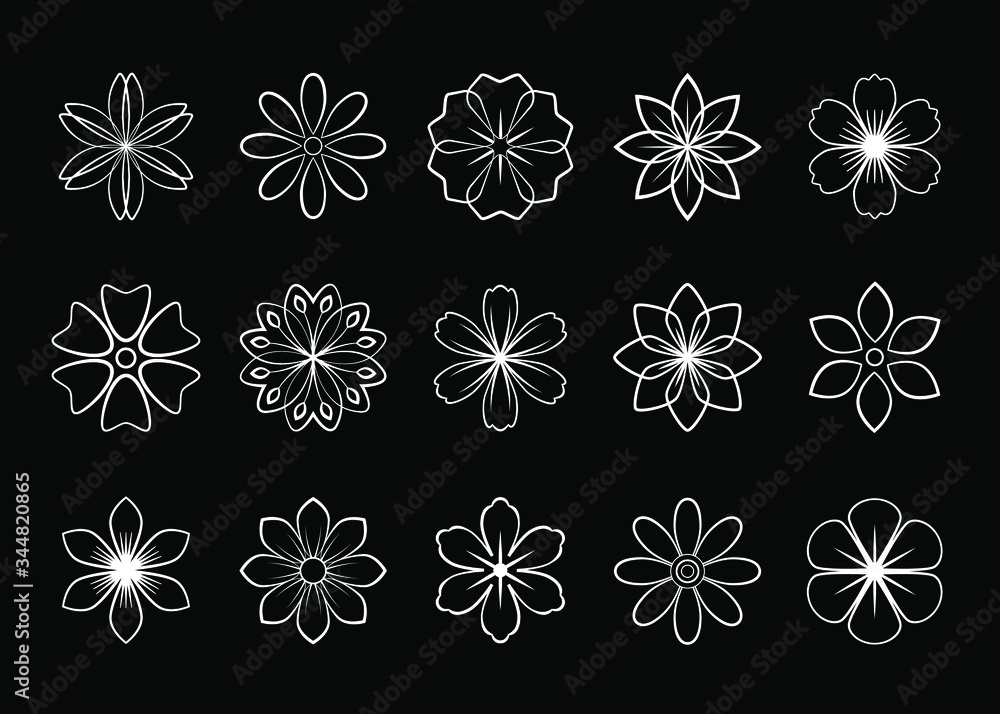 Vector floral set, simple symmetric ornamental flowers collection, white illustrated flowers isolated on black background, glowing floral group, outline, line art, Vector floral set, simple symmetric ornamental flowers collection, white illustrated flowers isolated on black background, glowing floral group, outline, line art,
