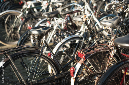 Close-up detail view of old holland vintage classic bicycles. Cityscape view. Dutch lifestyle
