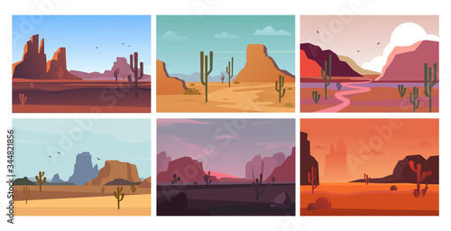 Desert landscape natural. Sandy, hot open yellow desert valley in morning, horizontal orange grand canyon with pink mountains in afternoon and evening, cacti in sand. Vector graphics in flat style.