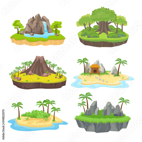 Natural island set. Tropical isometric green island with palm and trees, with a brown volcano in the center, yellow bungalow on the shore, blue waterfall. Vector graphics in flat style.