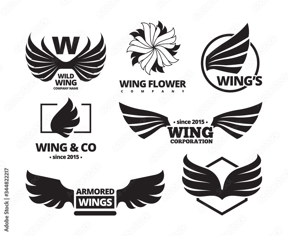 Wing emblem set. A winged black is a force for an eagle, a falcon with insignia of companies, army flight units, a stylized flower of feathers, a logo of freedom, speed. Vector graphics.