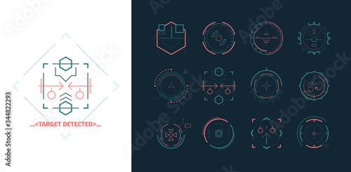 Sight detect target set. Futuristic neon accurate crosshair sight, indicator firing range, focus of rifle, weapon, element smart target search, military technology of future. Vector graphics.