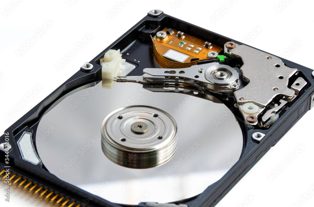 Hard disk details, close up, isolated on white background Hard disk details, close up, isolated on white background