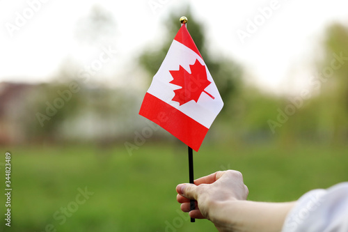 Flag of Canada, National symbol waving against, sunny day. Canada flag in woman hand. selective focus © Andriy Medvediuk