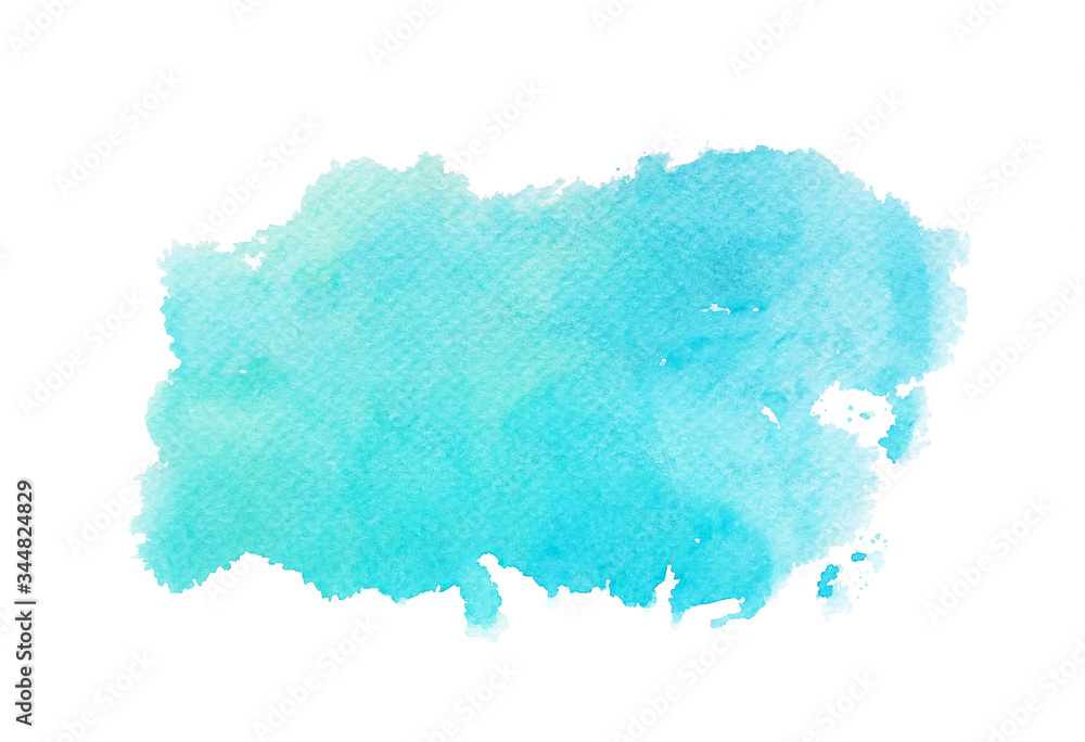Abstract Blue watercolor splashing on white background, hand drawn painting on paper.